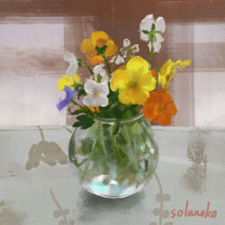 Rule 34 | artist name, commentary, english commentary, flower, no humans, original, plant, plant focus, solanoko, still life, vase, white flower, yellow flower