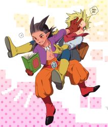 Rule 34 | 2boys, :d, aqua eyes, backpack, bag, belt, black vest, blonde hair, blue pants, blush, book, boots, clothes grab, commentary request, couple, dark-skinned male, dark skin, dragon quest, dragon quest builders 2, eighth note, embarrassed, gloves, hair horns, hand on another&#039;s face, high-waist pants, holding, invisible chair, jewelry, kotone ranmaru, looking at another, looking at object, looking to the side, low ponytail, male builder (dqb2), male focus, multiple boys, musical note, neckerchief, necklace, one eye closed, open book, open clothes, open mouth, open shirt, orange pants, pants, pointy ears, ponytail, purple shirt, pushing away, reaching, reaching towards another, red belt, red boots, red eyes, red gloves, red neckerchief, shirt, sidoh (dqb2), sitting, skull belt, sleeve grab, smile, speech bubble, spiked hair, spoken musical note, spoken squiggle, squiggle, tooth necklace, vest, white shirt, yaoi, yellow boots, yellow gloves