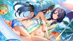 2girls :d arm_up ass assault_lily ball bare_arms bare_legs bare_shoulders barefoot beach_umbrella beachball bikini black_hair blue_bikini blue_eyes blue_hair blue_ribbon blue_sky breasts bush cleavage closed_mouth collarbone commentary_request copyright_notice day drying drying_another&#039;s_hair drying_hair dutch_angle earrings eye_contact fingernails frilled_bikini frills gradient_hair green_bikini green_ribbon green_shirt hair_between_eyes hair_ornament hair_ribbon hairclip hand_on_another&#039;s_head hand_up innertube jewelry light_smile long_hair looking_at_another low_twintails medium_breasts mismatched_bikini mozuna_noa multicolored_hair multiple_girls navel o-ring o-ring_bikini o-ring_bottom official_alternate_costume official_art open_clothes open_mouth open_shirt outdoors outstretched_arm palm_tree print_bikini purple_eyes purple_hair ribbon ring see-through_clothes see-through_sleeves shirt short_sleeves sitting sky smile soles stomach swim_ring swimsuit swimsuit_cover-up towel towel_on_head tree twintails two-tone_hair umbrella urashima_(hidoro_mgmg) wariza watanabe_akane water water_slide wet white_bikini