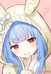 Rule 34 | 1girl, animal ears, animal hood, blue hair, blush, bow, brown eyes, brown jacket, closed mouth, commentary, ear bow, fake animal ears, hand up, heart, highres, hololive, hood, hood up, hooded jacket, jacket, kiritoma, long hair, long sleeves, looking at viewer, pink background, rabbit-shaped pupils, rabbit ears, rabbit hood, short eyebrows, signature, simple background, sleeves past wrists, smile, solo, symbol-shaped pupils, thick eyebrows, upper body, usada pekora, v, virtual youtuber, white bow