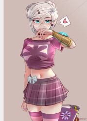 1girl absurdres book book_stack breasts glasses heart highres large_breasts looking_at_viewer midriff navel original peppitasart plaid_clothes plaid_skirt short_sleeves simple_background skirt solo spoken_heart thighhighs