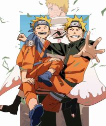 Rule 34 | 3boys, age progression, black boots, black pants, blonde hair, blue boots, blue eyes, boots, border, closed eyes, coat, commentary request, facial mark, forehead protector, highres, jumpsuit, konohagakure symbol, leaf, male focus, multiple boys, multiple persona, naruto (classic), naruto (series), naruto shippuuden, orange jumpsuit, orange pants, pants, parted lips, pnpk 1013, short hair, smile, spiked hair, uzumaki naruto, whisker markings, white border, white coat