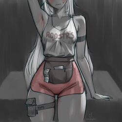 1girl ariane_yeong armpits bare_shoulders blurry blurry_background blush breasts closed_mouth collarbone dolphin_shorts eyes_out_of_frame head_out_of_frame highres long_hair makaphin orange_shorts presenting_armpit short_shorts shorts signalis small_breasts solo tank_top thighs white_hair white_tank_top wide_hips