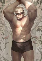 1boy abs bara beard black_male_underwear blindfold bound bound_wrists boxers bulge erection erection_under_clothes facial_hair feet_out_of_frame large_pectorals luerstine male_focus male_underwear mature_male muscular muscular_male navel navel_hair nipples old old_man overwatch overwatch_1 pectorals reinhardt_(overwatch) rope scar scar_across_eye scar_on_face short_hair solo standing stomach thick_thighs thighs topless_male underwear underwear_only white_hair