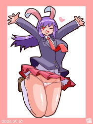1girl :d animal_ears animal_print arms_up blazer breasts brown_shoes clothes_lift collared_shirt commentary_request cookie_(touhou) dated full_body heart highres hisui_(cookie) itini-sanshi jacket jumping large_breasts loafers long_hair long_sleeves looking_at_viewer miniskirt necktie one_eye_closed open_mouth panties pink_background pink_skirt pleated_skirt print_panties purple_hair rabbit_ears rabbit_girl rabbit_print red_eyes red_necktie reisen_udongein_inaba shirt shoes side-tie_panties simple_background skirt skirt_lift smile socks solo touhou two-tone_background underwear white_background white_shirt white_socks