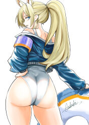 1girl absurdres animal_ear_fluff animal_ears armband ass blonde_hair blue_archive blue_eyes blue_jacket butt_crack commentary_request from_behind hand_on_own_hip highres innertube jacket kanna_(blue_archive) kanna_(swimsuit)_(blue_archive) long_hair long_sleeves looking_at_viewer looking_back off_shoulder one-piece_swimsuit otakichi_illust ponytail signature simple_background solo swim_ring swimsuit white_background white_one-piece_swimsuit