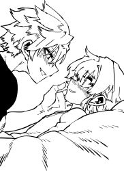 2boys blush eye_contact fang genderswap genderswap_(mtf) greyscale hair_between_eyes highres jeong_sana jeong_surim looking_at_another monochrome multiple_boys on_bed open_mouth parkgee short_hair suicide_boy trap