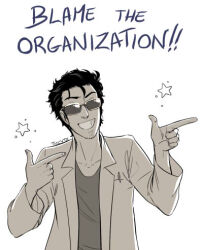 1boy artist_name black_hair coat collarbone commentary double_finger_gun english_commentary english_text facial_hair finger_gun grey_shirt grin lab_coat lowres male_focus nose object_in_pocket okabe_rintarou open_clothes open_coat pen_in_pocket pocket shirt short_hair simple_background smile solo star_(symbol) steins;gate stubble sunglasses ticcy upper_body white_background