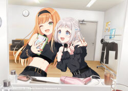 Rule 34 | 2girls, arm around shoulder, belt, blonde hair, blue eyes, blue hair, box, ceiling light, cellphone, clock, cosmetics, couch, detached sleeves, door, drinking straw, english text, gakuen idolmaster, green eyes, grey hair, hair dryer, hairband, holding, idolmaster, katsuragi lilja, makeup brush, mirror selfie, multicolored hair, multiple girls, navel, official art, one eye closed, open mouth, orange hair, phone, promotional art, selfie, shiun sumika, smartphone, unworn clothes, v, zozotown