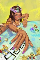 1boy 5others aqua_nails bikini bracelet brown_hair dark-skinned_male dark_skin dragona_joestar gem green_gemstone green_lips head_wreath highres hijo_joestar jewelry jojo_no_kimyou_na_bouken leg_tattoo looking_at_viewer lying male_focus male_with_breasts multicolored_nails multiple_others pearl_(gemstone) purple_gemstone purple_nails smooth_operators stand_(jojo) swimsuit tattoo the_jojolands trap white_bikini yellow_nails