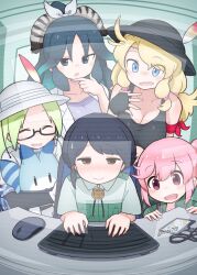 5girls arm_ribbon bare_arms bare_shoulders black_gloves black_hair black_hat black_shirt blonde_hair blue_eyes blue_hair blush bow brown_eyes calenda_(kemono_friends) camouflage_trim captain_(kemono_friends) clipboard closed_eyes coat collared_shirt computer_keyboard computer_mouse fingerless_gloves gloves green_hair green_jacket green_shirt hair_between_eyes hair_bow hat hat_feather helmet highres hntk778 hunched_over jacket japari_symbol kako_(kemono_friends) kemono_friends kemono_friends_3 lab_coat long_hair low_ponytail lucky_beast_(kemono_friends) mirai_(kemono_friends) multiple_girls nana_(kemono_friends) open_clothes open_coat open_jacket pink_eyes pink_hair pink_trim pith_helmet ponytail purple_shirt ribbon safari_jacket scanlines semi-rimless_eyewear shirt short_sleeves side_ponytail sidelocks smile stopwatch tank_top two-tone_shirt watch wavy_mouth white_bow white_coat white_shirt