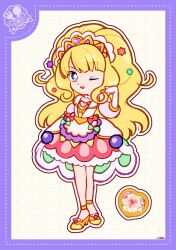 Rule 34 | 1girl, anklet, apron, big hair, blonde hair, blue eyes, blueberry, blunt bangs, border, bow, bow apron, bridal gauntlets, bright pupils, brooch, coattails, collared vest, cross-laced clothes, cross-laced top, cure finale, deformed, delicious party precure, dot nose, dotted line, dress, eyelashes, food, food-themed clothes, food print, fruit, fruit print, full body, gold tiara, green bow, grey background, grid background, hairband, hand in own hair, hat ornament, heart, heart brooch, heart hat ornament, high heels, highres, jewelry, kasai amane, lace, lace-trimmed skirt, lace trim, long hair, long sleeves, looking at viewer, loose hair strand, magical girl, medium dress, miniskirt, one eye closed, open mouth, outline, pink bow, pink skirt, precure, puffy long sleeves, puffy sleeves, purple border, purple brooch, purple sleeves, shirt, shoes, signature, skirt, skirt under dress, smile, solo, standing, strawberry print, three-quarter sleeves, tiara, tsurime, uwded 207, very long hair, vest, waist apron, wavy hair, white apron, white bridal gauntlets, white dress, white hairband, white outline, white pupils, white vest, yellow shirt, yellow shoes