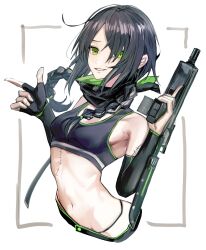 1girl absurdres arm_warmers bandana bandana_around_neck black_bandana black_hair braided_twintails breasts commentary_request crop_top cropped_torso fingerless_gloves girls&#039;_frontline gloves green_bandana green_eyes gun hair_over_one_eye highres holding holding_gun holding_weapon long_hair looking_at_viewer mac-10/11 mac-10_(girls&#039;_frontline) medium_breasts navel parted_lips safutsuguon scar scar_across_eye scar_on_face simple_background single_glove smile solo stitched_arm stitched_torso stitches stomach submachine_gun trigger_discipline two-tone_bandana weapon white_background