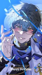 1boy absurdres black_shirt blue_background blue_hair blue_scarf blurry blush cha1tte0k dated depth_of_field earrings eyewear_strap fishnet_gloves fishnets glasses gloves gradient_eyes grey_hair grin hair_between_eyes hand_up happy_birthday highres hoop_earrings ike_eveland ike_eveland_(1st_costume) jewelry looking_at_viewer male_focus multicolored_eyes nijisanji nijisanji_en scarf shirt short_hair smile solo upper_body virtual_youtuber white_gloves yellow_eyes