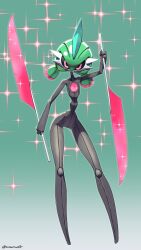 artist_name green_background highres holding holding_sword holding_weapon iron_valiant kaz_an looking_at_viewer low_twintails nintendo pink_eyes pokemon pokemon_(creature) robot sparkle sword twintails weapon