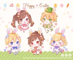 2girls 3boys :d :o ;3 ahoge animal_ears ari_(oonmnmooo) baby_animal basket bird blonde_hair blue_eyes blue_thighhighs blunt_bangs blush bow bowtie braid brown_eyes brown_hair brown_shoes carrot chibi chibi_only chick closed_mouth coattails commentary cup cupcake dress easter easter_egg egg english_text fake_animal_ears fake_tail flower food green_eyes green_hat green_necktie green_vest hair_between_eyes happy_easter hat highres holding holding_basket holding_cup holding_egg holding_food holding_teapot jacket multiple_boys multiple_girls necktie one_eye_closed open_mouth original pants pantyhose pink_bow pink_shoes purple_eyes purple_pantyhose rabbit_ears rabbit_tail red_bow red_bowtie red_eyes shirt shoes smile socks symbol-only_commentary tail teapot thighhighs tongue twintails vest white_dress white_jacket white_pants white_shirt white_socks