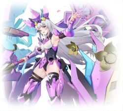 1girl armor armored_boots armpits black_leotard black_thighhighs blue_eyes boots breasts convallaria floating_hair grey_hair headgear holding holding_polearm holding_weapon horns lance leotard long_hair looking_at_viewer mecha_musume mechanical_horns mechanical_wings medium_breasts official_art open_hand open_mouth petals polearm sideboob smile solo standing starward thighhighs very_long_hair weapon white_background white_hair wings