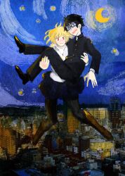 1boy 1girl arcueid_brunestud black_hair black_pantyhose blonde_hair blue_eyes blush carrying city couple crescent_moon dnchuu12 floating floating_hair glasses highres jewelry midair moon necklace night night_sky pantyhose princess_carry red_eyes reverse_princess_carry scared school_uniform short_hair skirt sky smile souya_high_school_uniform star_(sky) starry_sky surprised sweater tohno_shiki tsukihime tsukihime_(remake) turtleneck turtleneck_sweater white_sweater