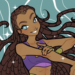 1girl abs aisha_(winx_club) aqua_background aqua_eyes bare_shoulders black_eyes bright_pupils brown_hair collarbone commentary cornrows dark-skinned_female dark_skin fingerless_gloves fingernails floating_hair forehead gloves green_gloves grin hand_on_own_arm happy heterochromia highres long_hair looking_at_viewer outstretched_arm purple_sports_bra single_fingerless_glove smile solo sparkle sports_bra thick_eyebrows toned toned_female upper_body very_dark_skin very_long_hair white_pupils wikate winx_club