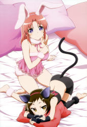 2girls :c absurdres animal_ears ass barefoot bed bed_sheet bike_shorts black_hair black_legwear blush brown_eyes brown_hair rabbit_ears cat_ears cat_tail chemise choker fake_animal_ears feet fingerless_gloves gloves highres legs midriff mikakunin_de_shinkoukei mitsumine_mashiro multiple_girls non-web_source nyantype official_art pillow purple_eyes red_hair scan short_hair sitting tail toeless_legwear toes top-down_bottom-up wrist_cuffs yellow_eyes yokozuwari yonomori_kobeni