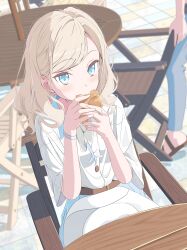 Rule 34 | 1girl, absurdres, belt, blonde hair, blue eyes, blue skirt, brown belt, ceras yanagida lilienfeld, commentary, eating, food, food in mouth, grey hair, hashtag-only commentary, hat, hat on lap, highres, holding, holding food, link! like! love live!, long hair, love live!, morio (mmorio mu), outdoors, parted hair, pleated skirt, round table, shirt, sitting, skirt, solo focus, table, unworn hat, unworn headwear, virtual youtuber, white hat, white shirt, wristband