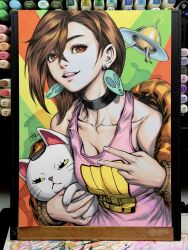 Rule 34 | 2girls, :&lt;, art tools in frame, ayase momo, black choker, breasts, brown eyes, brown hair, cat, choker, cleavage, dandadan, earrings, eyelashes, highres, jacket, jewelry, multiple girls, off shoulder, smile, stanley lau, tank top, traditional media, turbo granny (dandandan), ufo, v