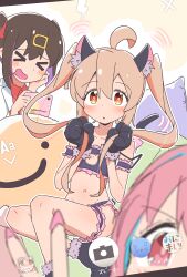 &gt;_&lt; 3girls :d absurdres ahoge animal_ear_fluff animal_ears animal_hands arm_garter bare_arms bare_legs bare_shoulders black_bra black_hair black_panties blonde_hair blurry blurry_foreground blush bra c: cat_cutout cat_ears cat_lingerie cat_tail clothing_cutout commentary drooling flat_chest frilled_bra frilled_panties frilled_thigh_strap frills gloves groin hair_between_eyes hair_ornament hairclip highres holding holding_own_hair hozuki_kaede long_hair meme_attire mouth_drool multicolored_hair multiple_girls navel onii-chan_wa_oshimai! open_mouth orange_eyes oyama_mahiro oyama_mihari panties paw_gloves paw_shoes photobomb pink_eyes pink_hair purple_hair rokochandayo siblings sisters smile tail thigh_strap twintails two-tone_hair underwear xd