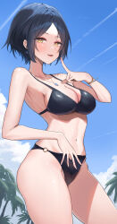Rule 34 | 1girl, bikini, black bikini, blush, breasts, cleavage, earrings, hayami kanade, highres, idolmaster, idolmaster cinderella girls, jewelry, looking at viewer, medium breasts, navel, necklace, o-ring, o-ring bikini, outdoors, palm tree, short hair, shougun (chuckni1), smile, solo, stomach, swimsuit, thighs, tree