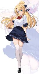 1girl arm_at_side black_footwear blonde_hair blue_eyes blue_skirt blush bow bowtie closed_mouth collared_shirt commentary_request elf enjo_kouhai floating_clothes floating_hair full_body hair_ribbon hand_up high_ponytail highres iris_(takunomi) loafers long_hair long_pointy_ears looking_at_viewer pleated_skirt pointy_ears ponytail red_bow red_bowtie ribbon school_uniform shirt shirt_tucked_in shoes short_sleeves skirt smile takunomi thighhighs very_long_hair white_shirt white_thighhighs zoom_layer