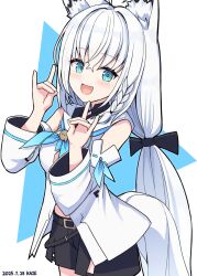 1girl :d animal_ear_fluff animal_ears black_shorts blue_background blue_eyes blush braid dated detached_sleeves double_fox_shadow_puppet fox_ears fox_girl fox_shadow_puppet fox_tail hair_between_eyes hands_up highres hololive kaie long_hair long_sleeves looking_at_viewer low_twintails open_mouth ribbon-trimmed_sleeves ribbon_trim shirakami_fubuki shirakami_fubuki_(1st_costume) shorts side_braid signature smile solo tail twintails two-tone_background very_long_hair virtual_youtuber white_background white_hair white_sleeves wide_sleeves