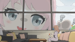 Rule 34 | 3girls, anglediana, bang dream!, bang dream! it&#039;s mygo!!!!!, bocchi the rock!, brown hair, chihaya anon, chinese commentary, commentary request, couch, cushion, dress, dropping, fang, giant, giantess, gotoh hitori, grey eyes, highres, multiple girls, nagasaki soyo, open mouth, pajamas, pink hair, sitting, smoke, teeth, upper teeth only, white dress