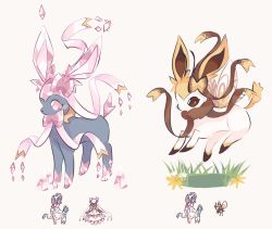 blue_eyes brown_eyes charamells creature diancie flower flying full_body fusion gen_6_pokemon gen_7_pokemon grass legendary_pokemon looking_at_viewer looking_away multiple_fusions mythical_pokemon nintendo no_humans pink_eyes pokemon pokemon_(creature) ribombee simple_background standing sylveon white_background