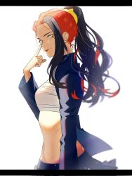 1girl akanbe alternate_costume alternate_hairstyle black_hair blue_jacket blurry carmine_(pokemon) closed_mouth commentary_request creatures_(company) eyelashes eyelid_pull from_side game_freak hand_up highres jacket kana_(kanna_runa0620) long_sleeves looking_at_viewer looking_to_the_side multicolored_hair nintendo open_clothes open_jacket pokemon pokemon_sv ponytail red_hair sarashi single_sidelock solo tongue tongue_out two-tone_hair white_background yellow_eyes