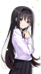 Rule 34 | 1girl, black hair, black headband, black ribbon, black skirt, blue eyes, blush, buttons, closed mouth, commentary request, confetti, fingernails, hair between eyes, hand on own chest, headband, highres, long hair, long sleeves, looking at viewer, neck ribbon, ribbon, shirt, sidelocks, simple background, skirt, smile, solo, tanka kikurage, tohno akiha, tsukihime, tsukihime (remake), upper body, very long hair, white background, white shirt
