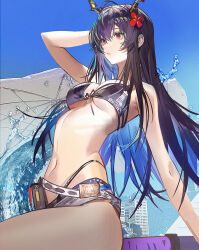 1girl arknights arm_up armpits beach_umbrella bikini black_bikini blue_hair breasts building ch&#039;en_(arknights) ch&#039;en_the_holungday_(arknights) ch&#039;en_the_holungday_(elite_ii)_(arknights) cleavage day dragon_girl dragon_horns flower front-tie_top grey_shorts hair_flower hair_ornament highres horns long_hair medium_breasts micro_shorts navel official_alternate_costume outdoors plumw red_eyes red_flower rhodes_island_logo_(arknights) shorts sky solo stomach swimsuit thighs umbrella water waves