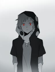 1boy :| aaniko closed_mouth commentary_request expressionless gradient_background greyscale hood hood_up hooded_jacket jacket kagerou_project kano_shuuya looking_at_viewer male_focus monochrome notched_neckline open_clothes open_jacket red_eyes shirt short_hair short_sleeves spot_color three-quarter_sleeves upper_body
