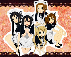 5girls akiyama_mio animal_ears apron bare_arms black_eyes black_hair blonde_hair blue_eyes blush brown_eyes brown_hair cat_ears dot_nose fake_animal_ears female_focus full_body hair_ornament hairclip high_heels hirasawa_yui k-on! kneeling kotobuki_tsumugi legs long_hair looking_at_viewer maid maid_apron maid_headdress multiple_girls nakano_azusa no_socks open_mouth shoes short_hair sitting star_(symbol) tainaka_ritsu teeth twintails