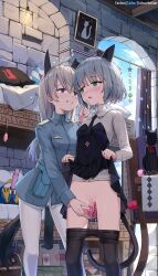 2girls animal_ears ball_gag black_necktie black_pantyhose blazer blue_hair blush breasts censored clothes_lift cloud collared_shirt dildo egg_vibrator eila_ilmatar_juutilainen epaulettes gag green_eyes grey_hair grin highres indoors jacket liclac lifting_own_clothes long_hair looking_at_another looking_to_the_side mosaic_censoring multiple_girls necktie object_insertion open_mouth pantyhose pleated_skirt pouch purple_eyes sanya_v._litvyak sex_toy shirt skirt skirt_lift sky small_breasts smile standing strike_witches strike_witches:_aurora_no_majo strike_witches:_suomus_misfits_squadron tail teeth vaginal vaginal_object_insertion very_long_hair vibrator white_pantyhose white_shirt world_witches_series yuri
