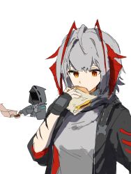 1girl 1other ambiguous_gender antenna_hair arknights black_coat black_gloves black_jacket black_scarf burger chibi chicken_nuggets coat commentary_request demon_girl demon_horns doctor_(arknights) eating fast_food fingerless_gloves food gloves grey_hair grey_shirt highres hood hood_up hooded_coat horns jacket mask material_growth multicolored_hair mutomorokoshi open_clothes open_jacket orange_eyes oripathy_lesion_(arknights) red_hair sauce scarf shirt short_hair simple_background sketch solo_focus streaked_hair upper_body w_(arknights) white_background