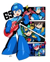 5boys arm_cannon armor artist_name assault_visor blue_armor blue_bodysuit blue_eyes blue_helmet bodysuit brown_hair electric_guitar forehead_jewel full_body geo_stelar_(mega_man) green_eyes guitar helmet highres holding holding_guitar holding_instrument in-franchise_crossover instrument karen_(karenoni1031) male_focus mega_man_(character) mega_man_(classic) mega_man_(series) mega_man_battle_network_(series) mega_man_day mega_man_legends_(series) mega_man_star_force_(series) mega_man_volnutt mega_man_x_(series) megaman.exe multiple_boys musical_note name_connection number_pun omega-xis_(mega_man) red-tinted_eyewear star_(symbol) star_force_mega_man tinted_eyewear upper_body v weapon x_(mega_man)