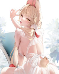 Rule 34 | 1girl, :p, absurdres, alice thymefield, animal ears, apron, blonde hair, braid, breasts, commentary request, from behind, heterochromia, highres, lace, lace panties, large breasts, long hair, looking at viewer, looking back, low twintails, lyusiola, panties, rabbit ears, rabbit girl, rabbit tail, red eyes, see-through apron, see-through clothes, sideboob, simple background, sphere hair ornament, tail, tongue, tongue out, twintails, underwear, v, white apron, white panties, yellow eyes, zenless zone zero