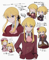 Rule 34 | ..., 1boy, 2girls, androgynous, animal ear fluff, animal ears, ascot, bakara (19083210), beatrice (umineko), beatrice (umineko) (cosplay), black choker, black dress, black eyes, black gloves, black jacket, black ribbon, blonde hair, blue eyes, book, bow, brooch, buttons, cat ears, chibi, choker, chromatic aberration, closed eyes, closed mouth, commentary request, cosplay, crossdressing, crossdressing (mtf), double-breasted, dress, elbow gloves, film grain, flower, frilled sleeves, frills, gloves, grey eyes, hair between eyes, hair bow, hair flower, hair ornament, hair ribbon, hand on own hip, hat, headpat, highres, holding, holding book, jacket, jewelry, jitome, kemonomimi mode, lambdadelta, lapels, long sleeves, multiple girls, multiple views, necktie, notched lapels, open mouth, parted bangs, pink ascot, pink bow, pink dress, pink hat, ponytail, puff of air, red bow, red flower, red necktie, red rose, ribbon, rose, short hair, sidelocks, simple background, sleeves past fingers, sleeves past wrists, smile, speech bubble, spoken ellipsis, sweat, translation request, trap, tsurime, u u, umineko no naku koro ni, ushiromiya jessica, ushiromiya lion, white background