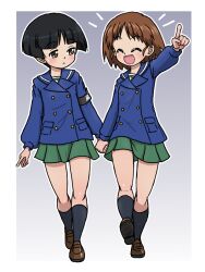 2girls armband black_armband black_hair black_socks blue_coat bowl_cut brown_hair brown_shoes closed_eyes coat girls_und_panzer gradient_background green_skirt grey_background grey_eyes holding_hands kneehighs konparu_nozomi looking_at_another miniskirt multiple_girls ooarai_school_uniform pleated_skirt pointing pointing_forward sakaguchi_karina school_uniform shoes short_hair skirt socks takahashi_kurage winter_uniform