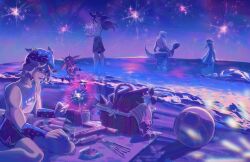 1girl 1other 3boys adapted_costume beach beanie beard commentary cowboy_hat diego_brando dinosaur_tail dress facial_hair fireworks goggles goggles_on_headwear gyro_zeppeli hat highres holding holding_fireworks holding_swim_ring hot_pants_(sbr) innertube johnny_joestar jojo_no_kimyou_na_bouken long_hair male_focus male_swimwear medium_hair multiple_boys night night_sky nolvini ocean outdoors picnic_basket purple_theme scary_monsters_(stand) short_hair shorts sky solo sparkler stand_(jojo) standing star_(sky) star_(symbol) star_print starry_sky steel_ball_(jojo) steel_ball_run stuffed_animal stuffed_toy swim_ring tail tank_top teddy_bear topless_male tusk_(stand) tusk_act1 wading water wristband