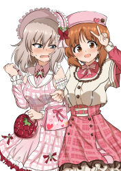 2girls absurdres bag blue_eyes blush breasts brown_eyes brown_hair chaarai girls_und_panzer grey_hair handbag hat highres itsumi_erika large_breasts looking_at_another looking_at_viewer multiple_girls nishizumi_miho open_mouth short_hair simple_background skirt smile v white_background yuri