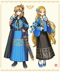 1boy 1girl adapted_costume alternate_costume aoqun black_coat black_headband black_skirt blonde_hair blue_eyes blue_shirt blue_skirt border braid brown_hair chinese_clothes coat commentary crown_braid full_body green_eyes hand_fan hanfu headband highres link long_hair looking_at_viewer master_sword nintendo pixel_art pointy_ears princess_zelda sheath sheathed shirt silent_princess simple_background skirt smile sword the_legend_of_zelda the_legend_of_zelda:_breath_of_the_wild tuanshan very_long_hair weapon yellow_background yuli_yuri
