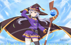 Rule 34 | 1girl, absurdres, bandaged leg, bandages, belt, cape, collar, commentary, cosplay, day, fingerless gloves, gloves, hat, highres, kono subarashii sekai ni shukufuku wo!, megumin, megumin (cosplay), nekosination, outdoors, short hair with long locks, single thighhigh, sky, solo, staff, thighhighs, voiceroid, witch hat, yuzuki yukari