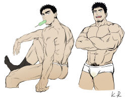 1boy abs absurdres anjingkuxiao back bara black_hair black_socks briefs commentary cropped_legs crossed_arms dirty dirty_clothes english_commentary facial_hair food food_in_mouth goatee_stubble highres looking_at_viewer male_underwear multiple_views muscular muscular_male open_mouth popsicle popsicle_in_mouth senpai_ga_uzai_kouhai_no_hanashi short_hair simple_background socks stubble takeda_harumi topless_male underwear underwear_only white_background white_male_underwear