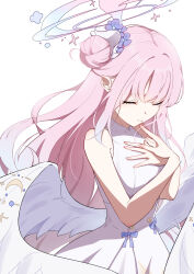 Rule 34 | 1girl, absurdres, angel wings, bare shoulders, blue archive, breasts, buttons, closed eyes, closed mouth, commentary request, crescent, double-breasted, dress, feathered wings, gokusaishiki (1376145360), hair bun, halo, hands on own chest, highres, long hair, low wings, medium breasts, mika (blue archive), pink hair, pink halo, single hair bun, solo, white background, white dress, wings