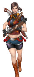 Rule 34 | 1girl, antique firearm, bike shorts, boots, breasts, brown eyes, brown hair, capcom, claire redfield, company connection, cowboy boots, denim, female focus, fingerless gloves, firearm, firelock, flintlock, floral print, fur trim, gloves, gun, highres, knife, large breasts, lips, long hair, midriff, navel, official art, onimusha soul, over shoulder, ponkichi (ponkichim), ponytail, popped collar, resident evil, resident evil 2, rifle, shorts, simple background, solo, vest, weapon, weapon over shoulder, white background